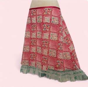 Whimsical Snak Vintage Y2K Pink Patchwork Floral Midi Skirt with Blue Tulle Ruff